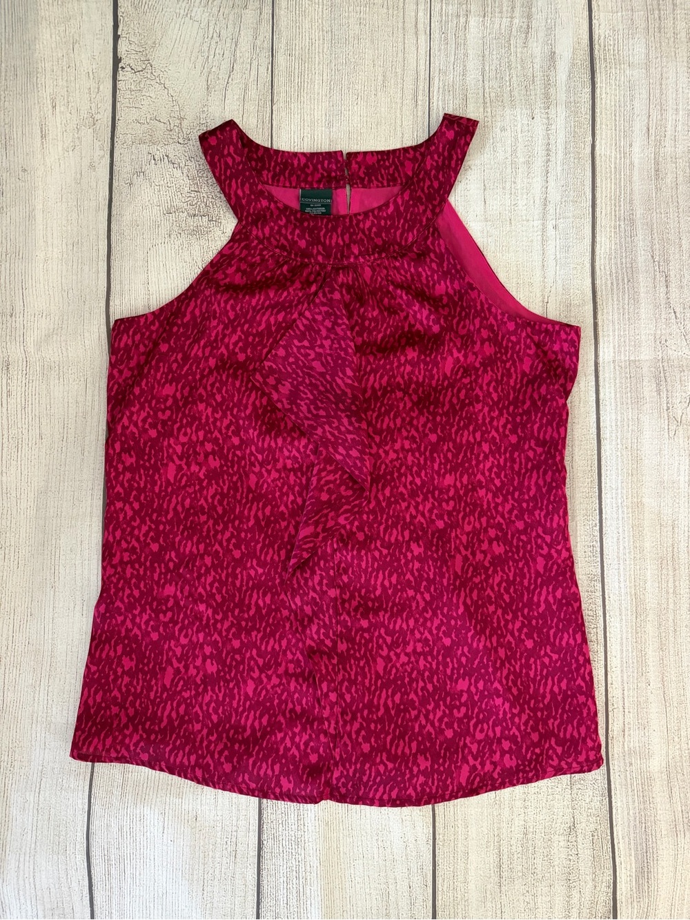 COVINGTON Women’s Express Hot Pink Print Halter Neck Center Ruffle Top Sz Large